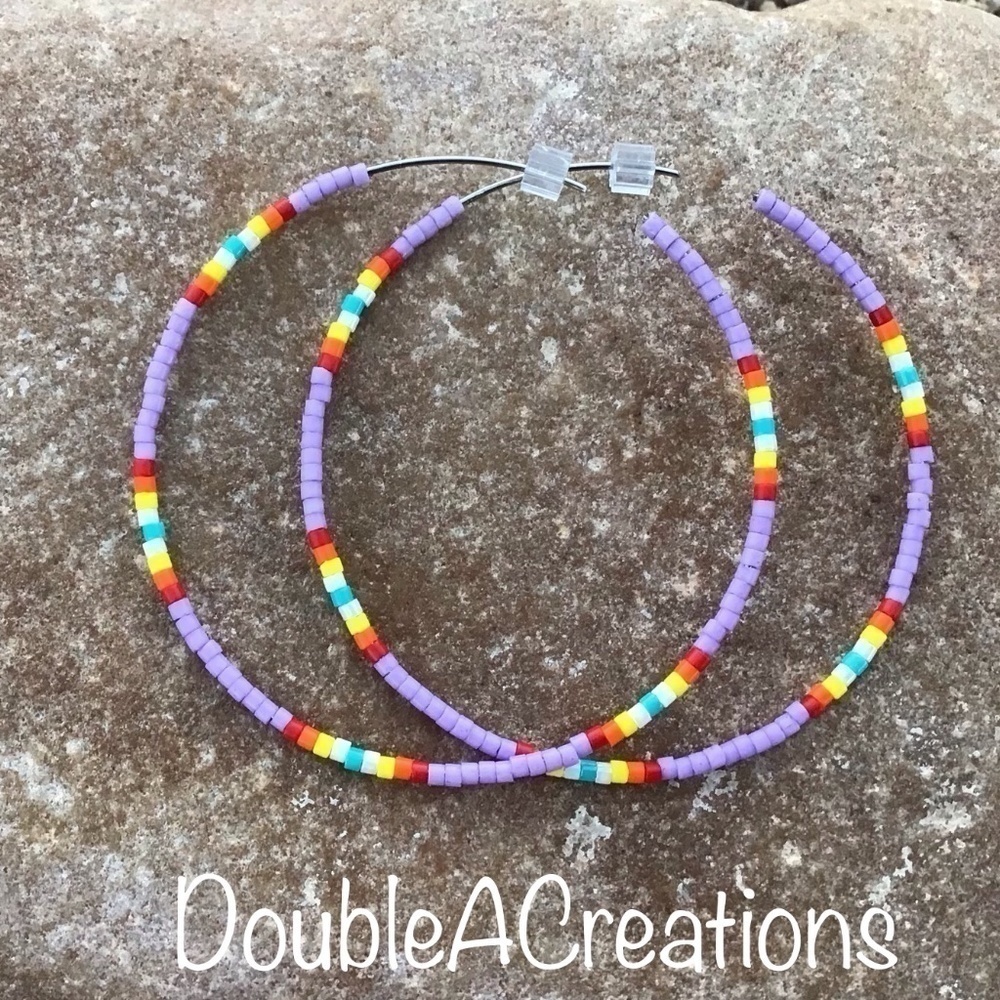 Purple with Native Colors Beaded Hoops, Handmade